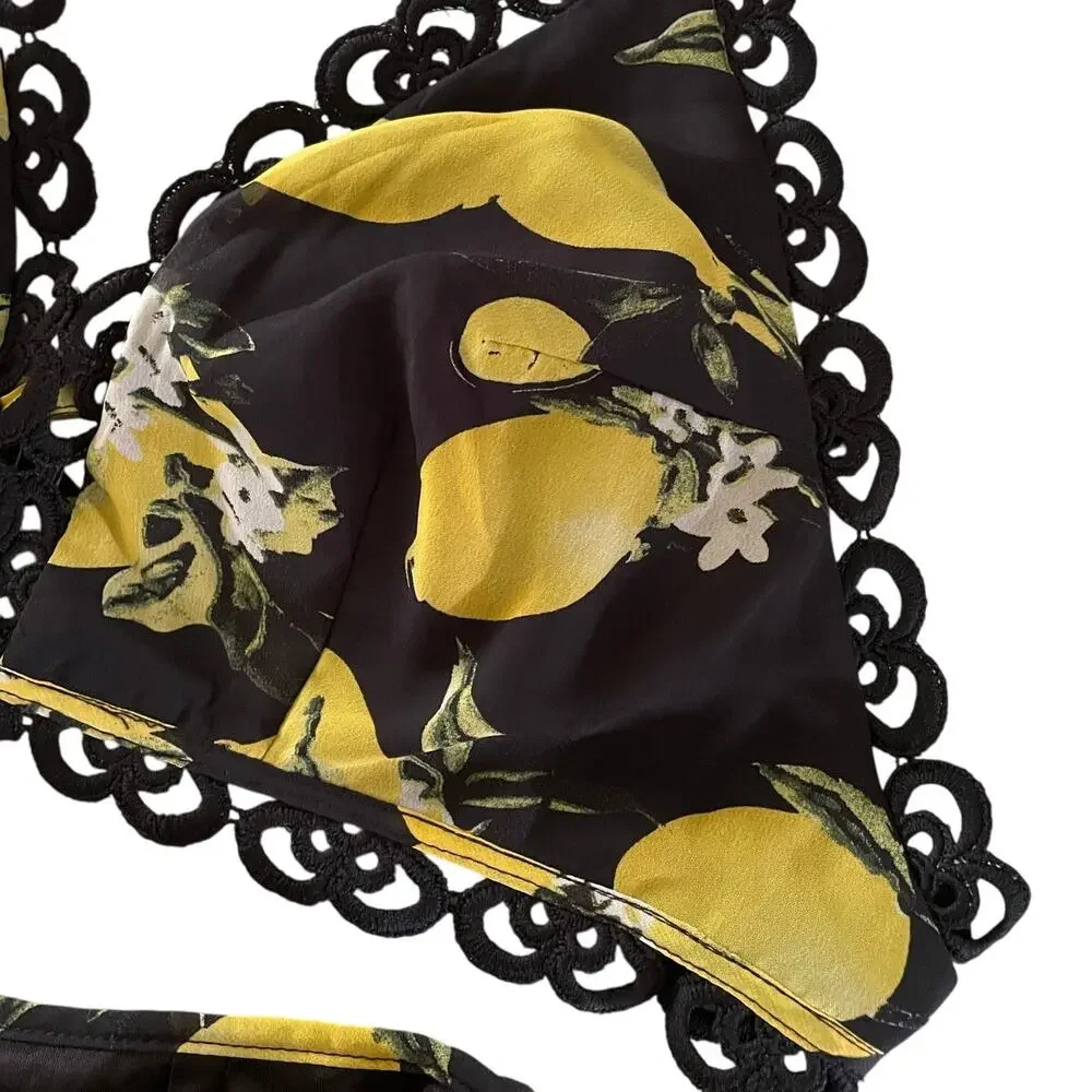 Miss Avenue Coquette Lemon Print Short Set Black Crochet Halter Lounge sz Large
